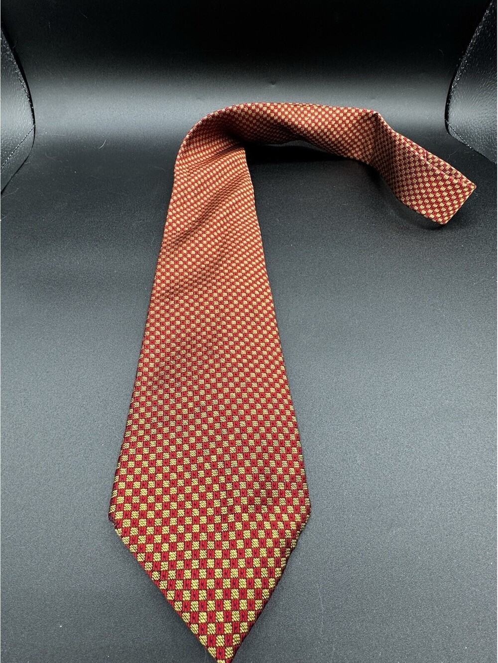 Vintage Lands’ End Silk Tie Red Gold Geometric Check Hand Sewn USA Necktie